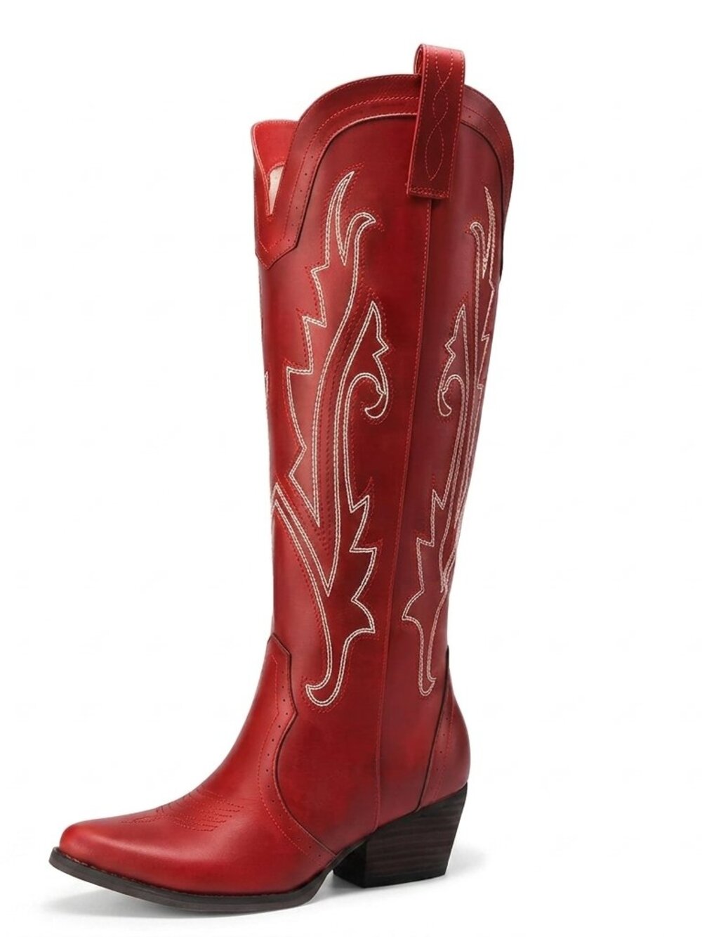 Women,s Red Faux leather Cowgirl Knee High Boots Retro tall with Side Zipper
